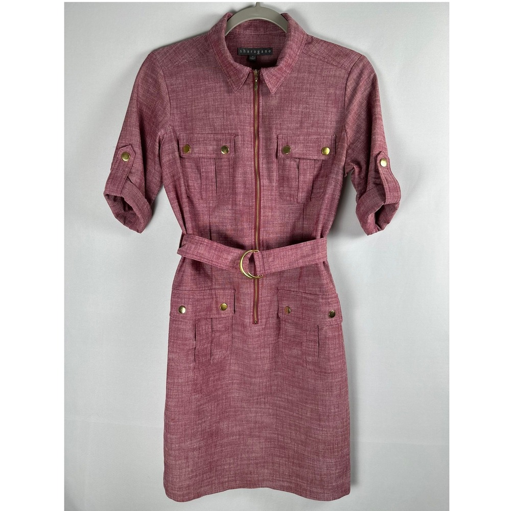 Sharagano Belted Utility Safari Shirt Dress 4 Maroon Cargo Pockets Old Money